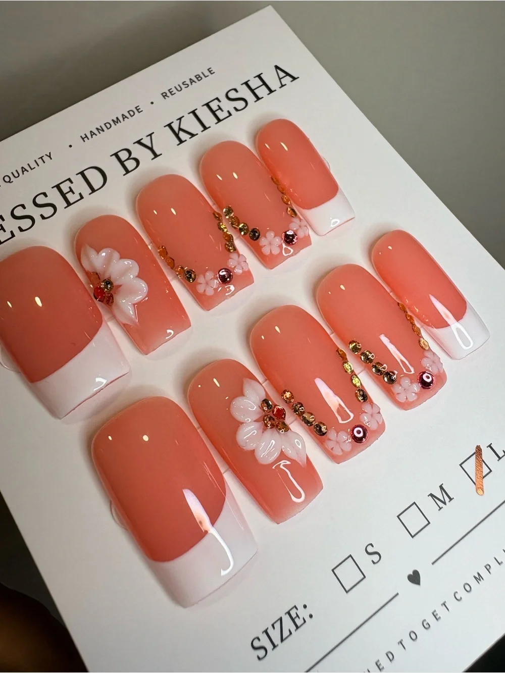 Peach Pink Floral Rhinestone Press-On Nails